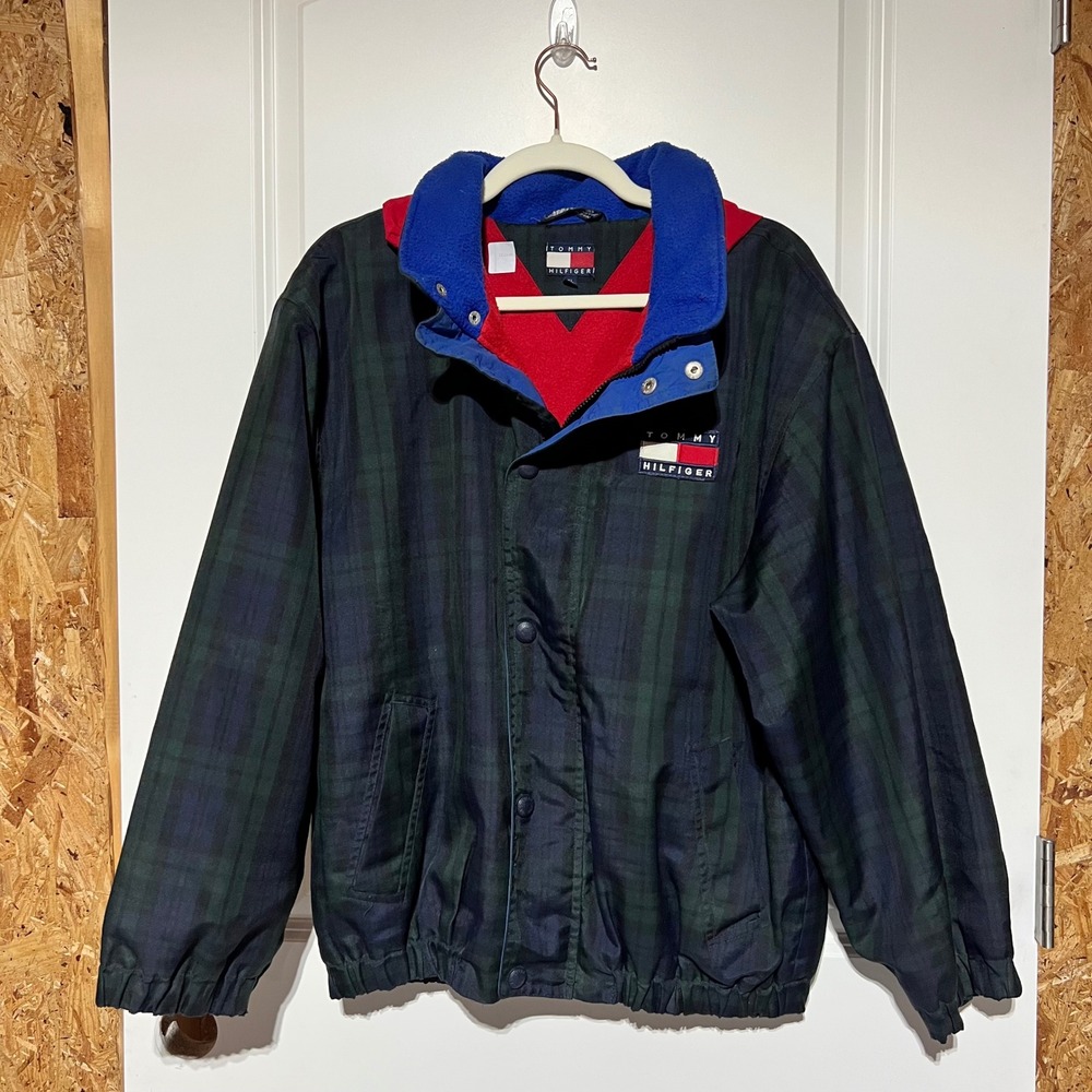 Tommy Hilfiger Vintage Plaid Windbreaker Jacket XL Black Watch Green Navy Red